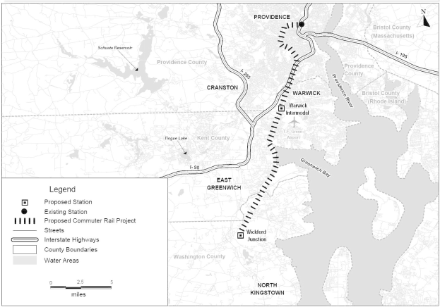 Schwarz-weiß-Karte einer Stadt mit einem Fluss, Straßen und Autobahnen, links beschriftet mit "Vorgeschlagenes S-Bahn-Projekt".