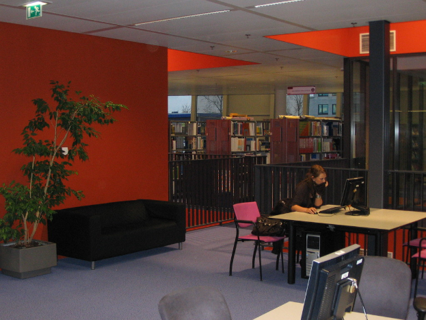 Eine Frau in einem schwarzen T-Shirt bedient ein Computersystem auf einem Tisch in einem Raum mit einer schwarzen Couch, roter Wand, Pflanze, Bücherregalen, weißer Wand und Fenstern, die ein Gebäude draußen zeigen.