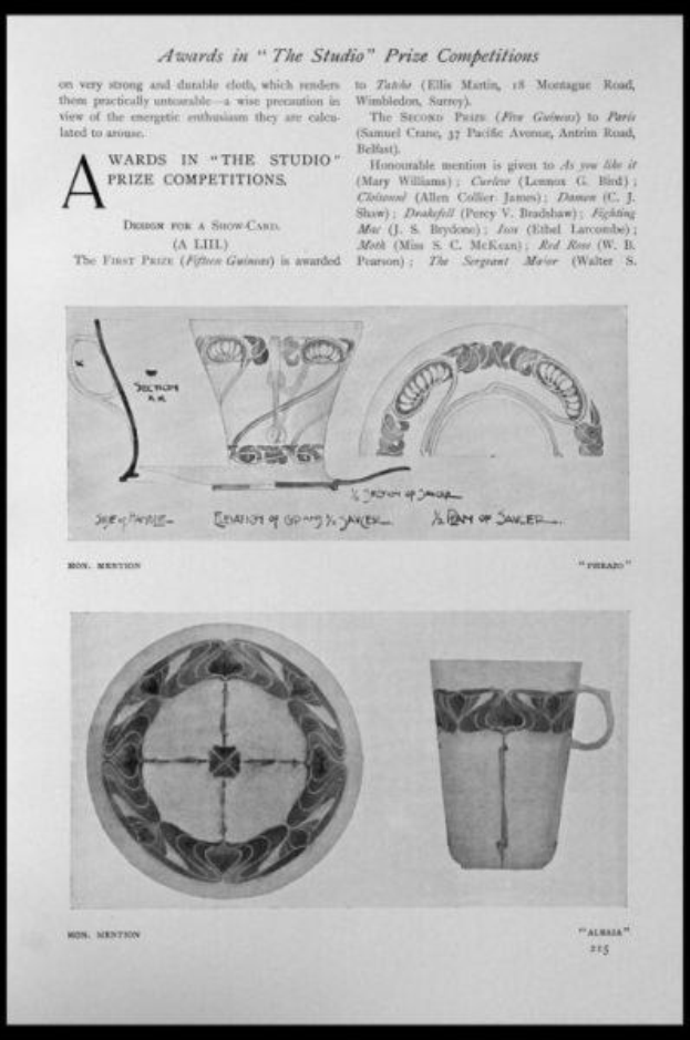 Schwarze und weiße Zeichnung einer Tasse und eines Untersetzers mit einem Design, umrahmt von einem schwarzen Rand, neben dem Text 'Auszeichnungen in den Studio-Wettbewerben'.