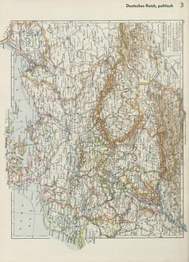 Eine 19. Jahrhundert-Karte von Deutschland, die die politischen Teilungen zeigt, auf altem Papier mit beschreibendem Text oben und unten gedruckt.