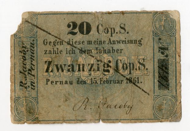 Alte deutsche 20-Cent-Münze von 1861 mit Text und Zahlen auf einem weißen Hintergrund.