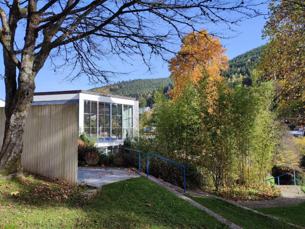 Ein Gebäude mit einem Baum davor, umgeben von Gras, trockenen Blättern, Pflanzen und einem Geländer, vor einem Hügel und einem klaren blauen Himmel, als Universität Stuttgart identifiziert.