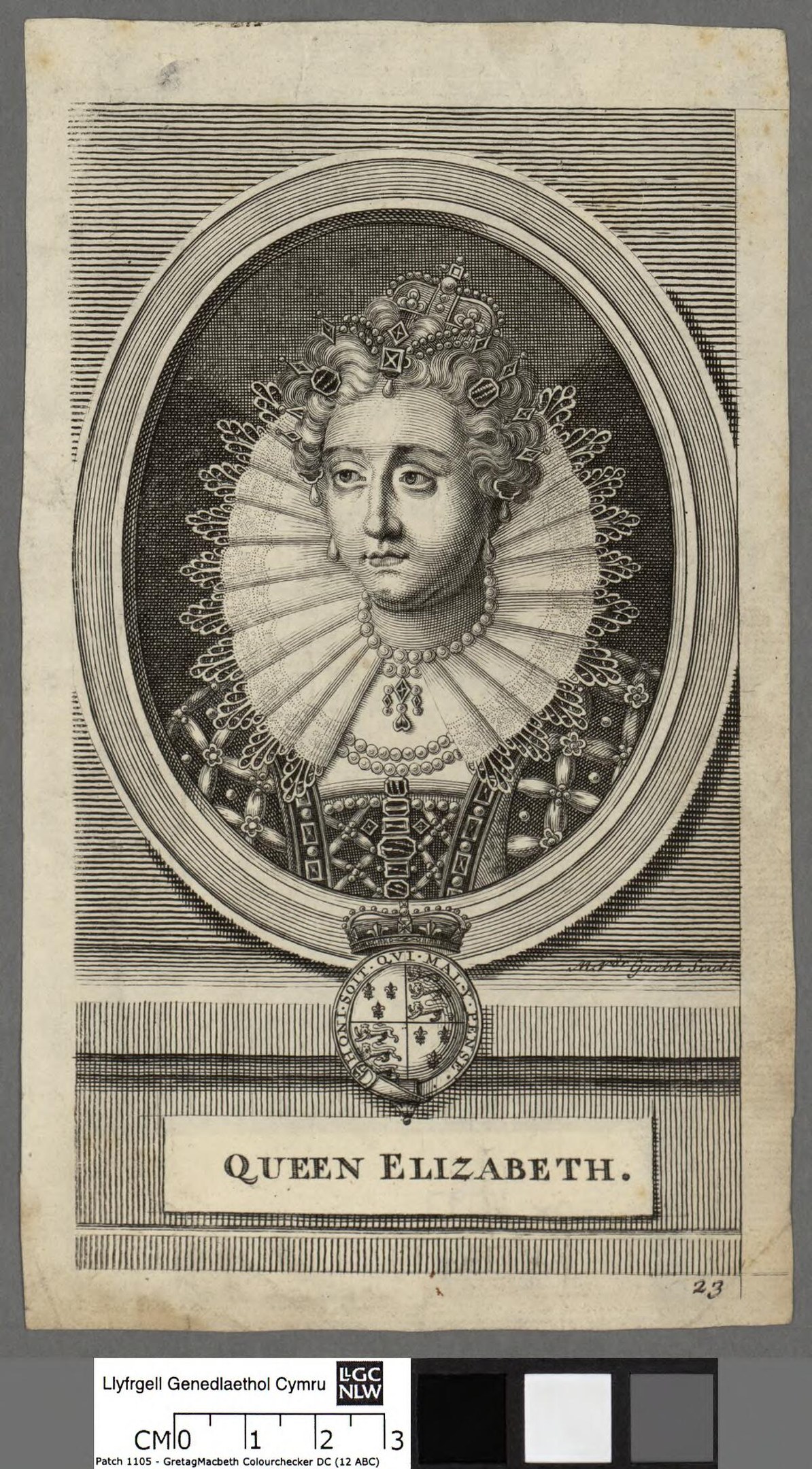Porträt der Königin Elizabeth I. von England in königlicher Kleidung mit einer Krone und Tiara, ihr Haar zu einem Dutt gebunden, vor einem grauen Hintergrund, seitlich schauend mit einem würdevollen Gesichtsausdruck.