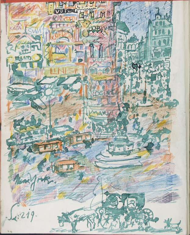 Ein Buchumschlag mit einer detaillierten Stadtansichtsillustration mit Gebäuden, Fahrzeugen, Menschen und einem Brunnen, begleitet von Text.