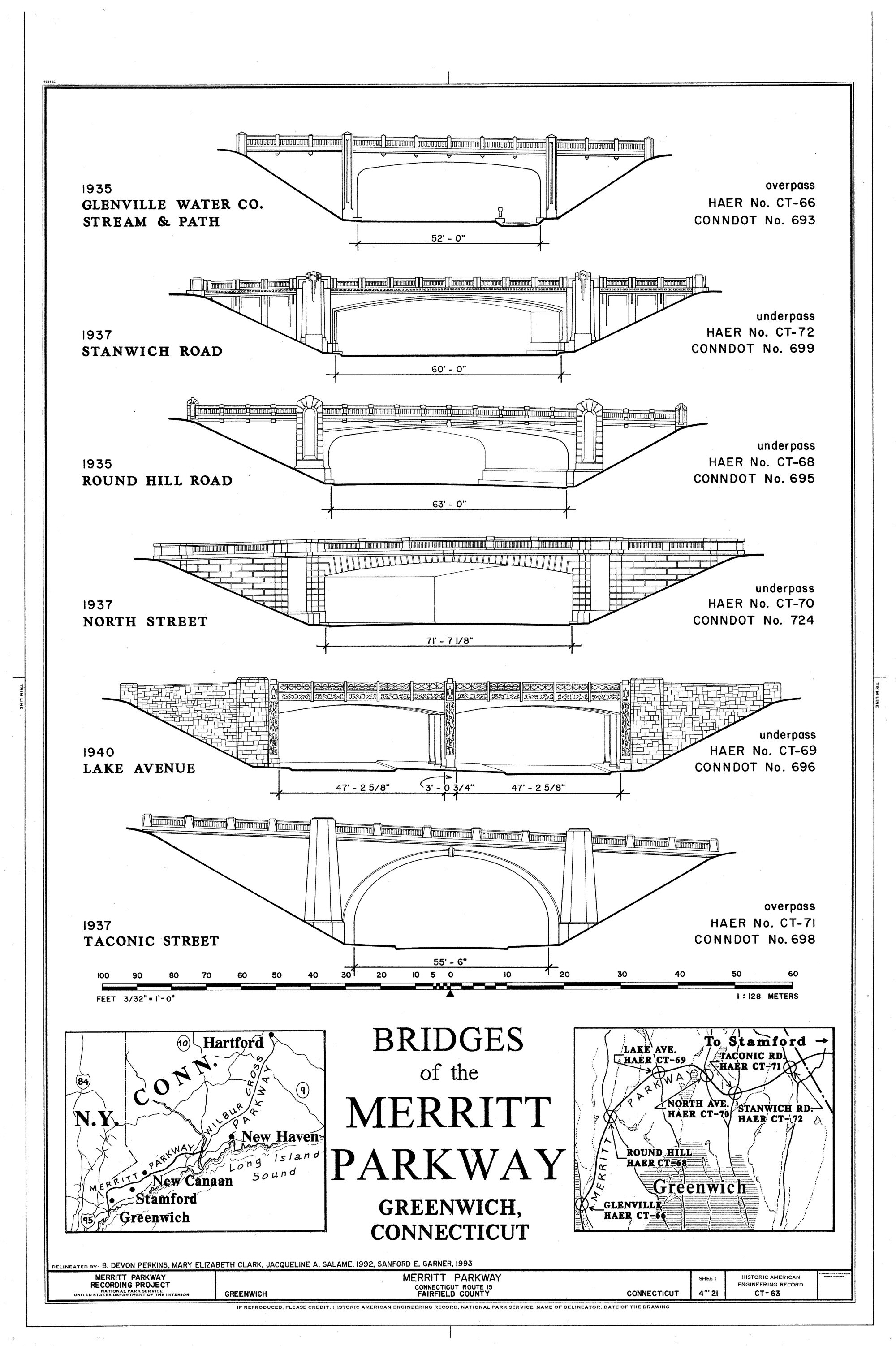 Ein detaillierterBlueprint der Merritt Parkway-Brücken in Greenwich, Connecticut, mit Maßen und Textanmerkungen.