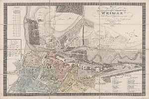 Ein detaillierter alter Stadtplan von Weimar, Deutschland, der Straßen, Gebäude und Sehenswürdigkeiten zeigt, begleitet von Text über die Bevölkerung und Merkmale der Stadt.