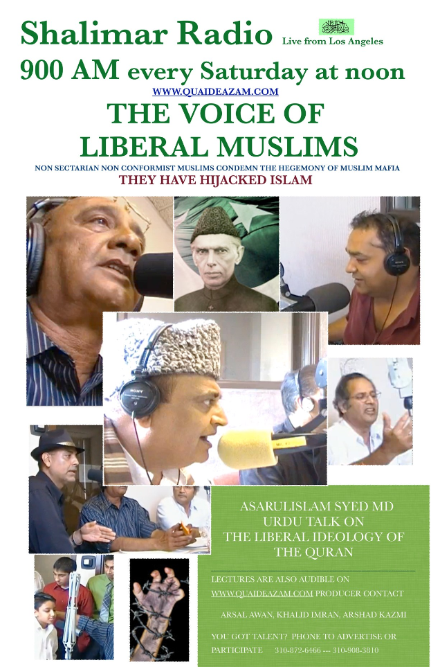Plakat für die Radioshow "Die Stimme der liberalen Muslime" mit Bildern von Menschen mit Kopfhörern und Mikrofonen in einem Gespräch.