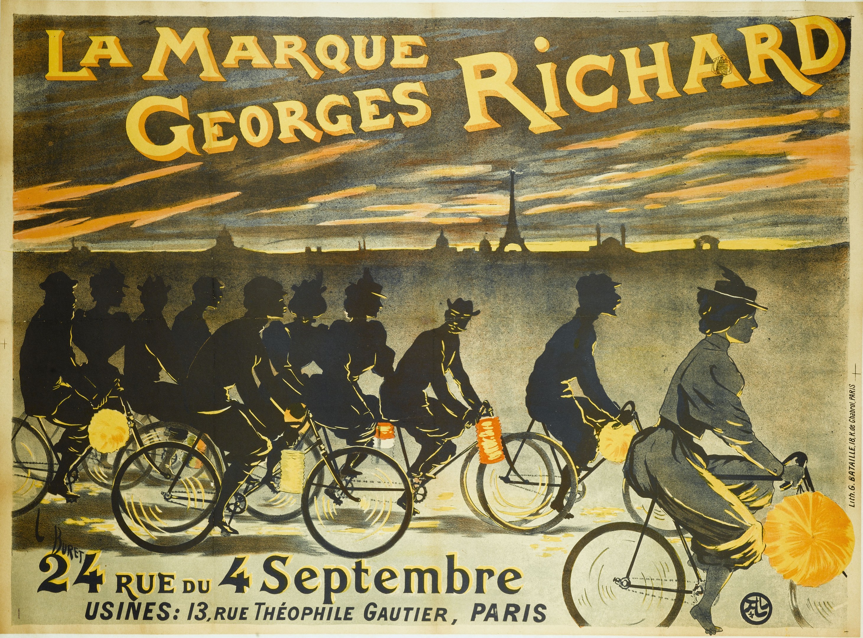 Plakat, das ein Fahrradrennen in Paris mit einer Gruppe von Radfahrern und dem Eiffel-Turm im Hintergrund ankündigt, einschließlich der Textdetails des Events.