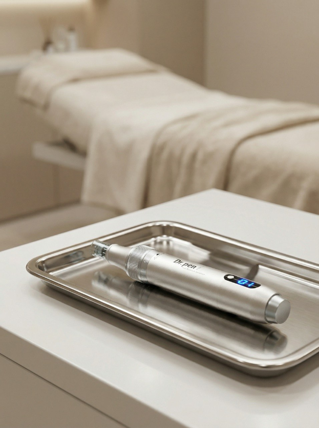 Professionelles Microneedling-Instrument auf einem desinfizierten Tablett in einem modernen Kosmetikraum.