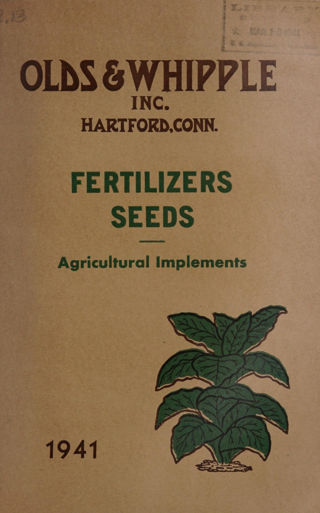 Alter Buchumschlag betitelt "Düngemittel Saatgut Landmaschinen 1941" mit einer Illustration einer grünen Pflanze mit Blättern und Stielen, umgeben von Weiß.