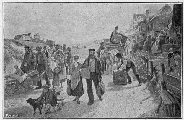 Eine Gruppe von Menschen, einige mit Taschen, geht einen Schotterweg entlang mit einem Hund und einem von einem Pferd gezogenen Wagen, im Hintergrund sind Häuser und ein klarer Himmel zu sehen; unten steht der Text "Deutsche Flüchtlinge in Deutschland".