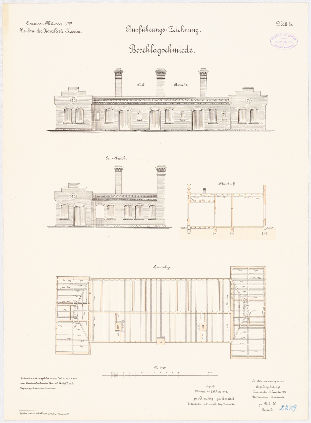 Ein detailliertes architektonisches Zeichnung und Plan des Schönbrunn Palace in München, Deutschland, mit zahlreichen Fenstern und ausführlichem Text.