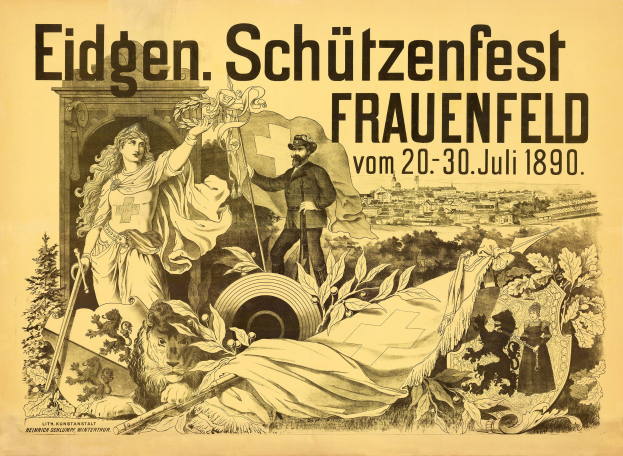 Plakat für das Eidgenössische Schützenfest in Frauenfeld, Deutschland, mit einem Mann im Anzug und einer Frau in einem Kleid sowie Veranstaltungstext.
