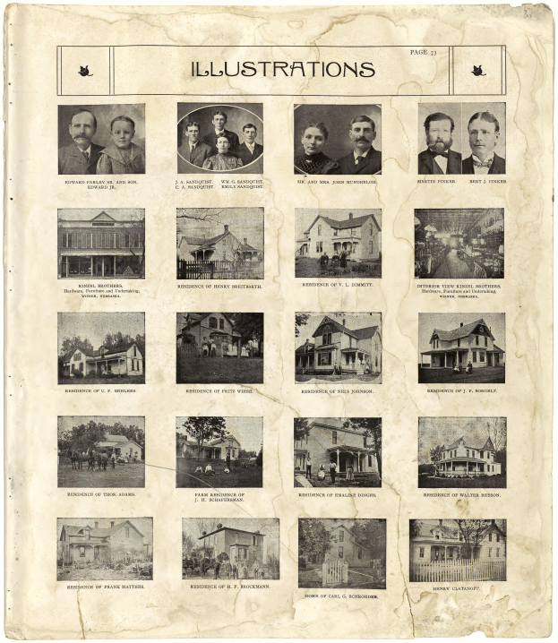 Ein altes Buch mit einer Collage von Illustrationen, darunter verschiedene Menschen und Häuser in unterschiedlichen Größen und Formen, wobei einige Personen direkt in die Kamera schauen.