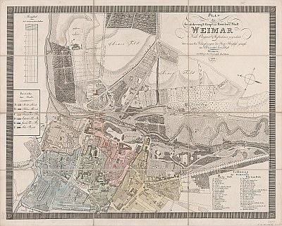 Detailiertes altes Stadtplan von Weimar, Deutschland, das Straßen, Gebäude und Sehenswürdigkeiten mit beschreibendem Text zeigt.