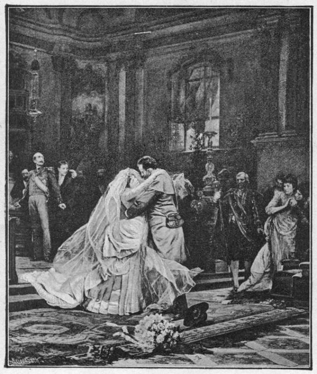 Schwarz-weiß-Foto einer Braut und eines Bräutigams, die sich vor einer Menge küssen, mit einem Blumenstrauß auf dem Boden und einer Fensterwand im Hintergrund.