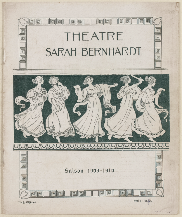 Ein Vintage-Plakat des Theaters Sarah Bernhardt von 1909-1910, das eine Gruppe von Frauen in der Mitte zeigt und den Text beschreibt, der das Theater und seine Schauspieler beschreibt.