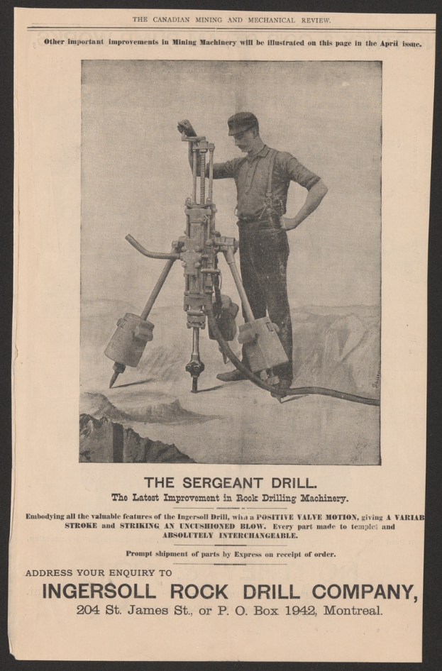 Eine alte Werbung für die Ingersoll Rock Drill Company, die einen Mann mit einer Bohrmaschine zeigt.
