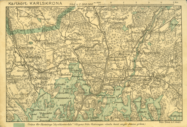Ein altes Stadtplan von Karlsruhe, Deutschland, mit Straßen, Gebäuden und Sehenswürdigkeiten.
