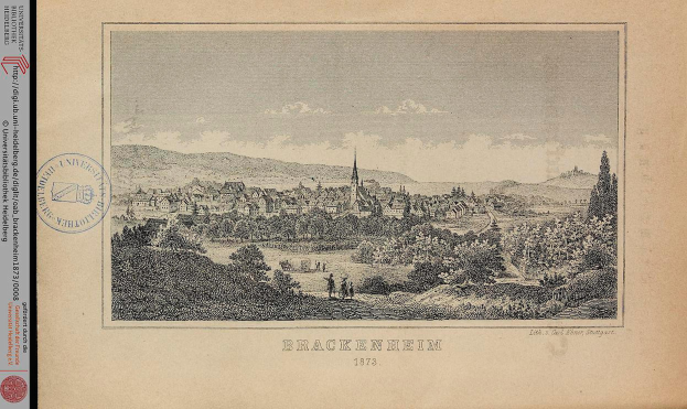 Eine Radierung von 1873, die Brackenheim, Deutschland von einem Hügel aus zeigt, mit Gebäuden, Menschen, Bäumen und einem bewölkten Himmel, mit einem textgestempelten Bereich links.