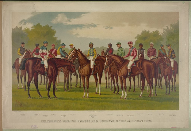 Gruppe von Menschen auf Pferden auf einer grünen Wiese mit Bäumen und einem blauen Himmel, Text unten lautet "Feiernder Siegerpferde und Jockeys der American Turf".