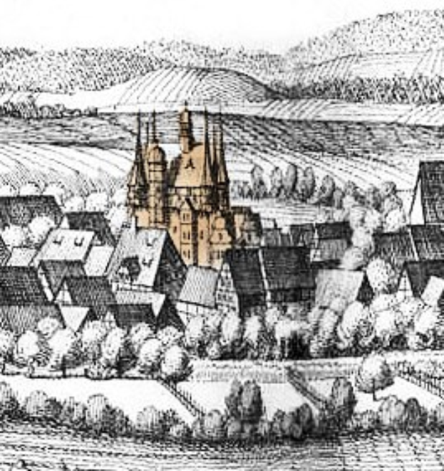 Schwarze und weiße Zeichnung einer kleinen Stadt mit einer zentralen Kirche im gotischen Stil, umgeben von Bäumen und Hügeln, mit dem Text "Gotische Architektur in Deutschland" unten.