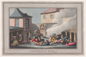 Ein Bild, das eine Gruppe von Menschen in einer Badewanne zeigt, umgeben von Geb├Ąuden mit Fenstern, S├Ąulen und Rauch, mit dem Text "Comforts of Bath" unten.