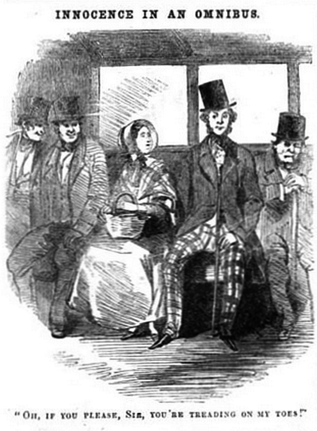Eine Gruppe von Menschen in einem Zug, mit einer Frau in einem langen Kleid und Hut, die einen Korb hält, umgeben von besorgten Passagieren, unter dem Text "Unschuld in einer Omnibus".