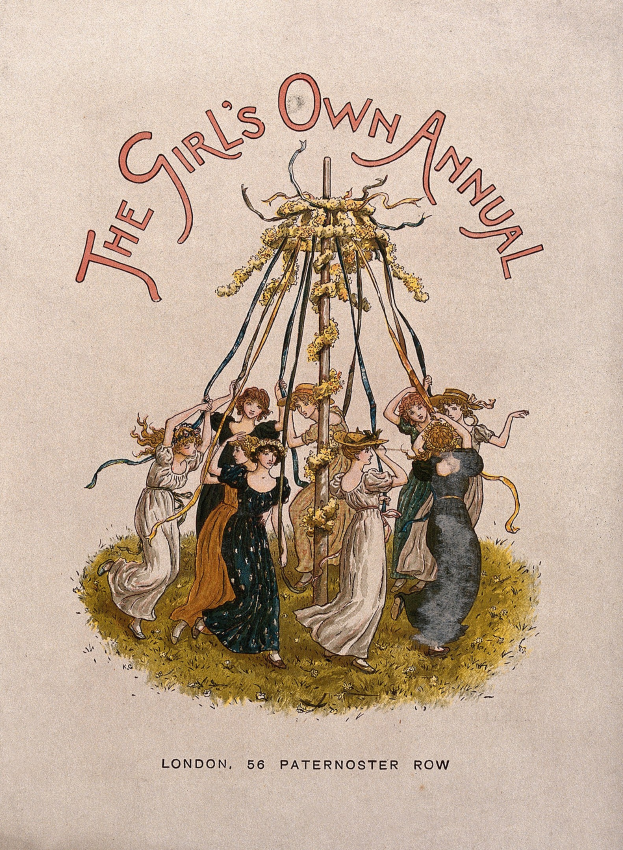Eine Schwarz-Weiß-Illustration aus "The Girl's Own Annual", die Kinder in bunten Kleidern zeigt, die um einen geschmückten Maibaum tanzen.