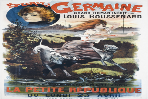 Französischer Filmplakat für "Das Geheimnis von Deutschland" mit einer Frau umgeben von Tieren, Pflanzen und Wasser mit Textüberlagerung.