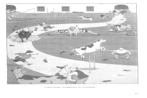 Eine Schwarz-Weiß-Zeichnung von Menschen und Tieren auf einem Feld mit einer Wand und Fenstern im Hintergrund und einem Text unten, der "Robustheit im Fußball kultivieren" lautet.