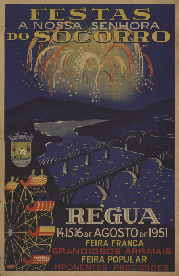 Festivalplakat in Brasilien mit Brücke über Wasser, Hügel im Hintergrund und Feuerwerk, mit Text zu Festivaldetails.